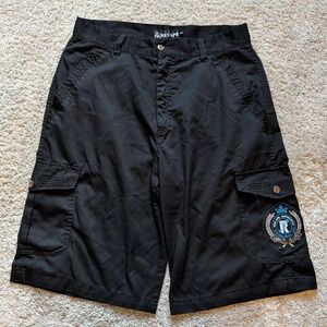 Red Ape Cargo Shorts Mens 34 Black Streetwear Embroidered Patch Relaxed Fit